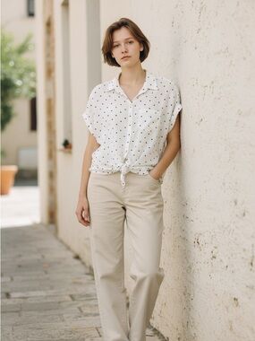 Old Navy White Polka Dot Button-Front Tie Hem Blouse